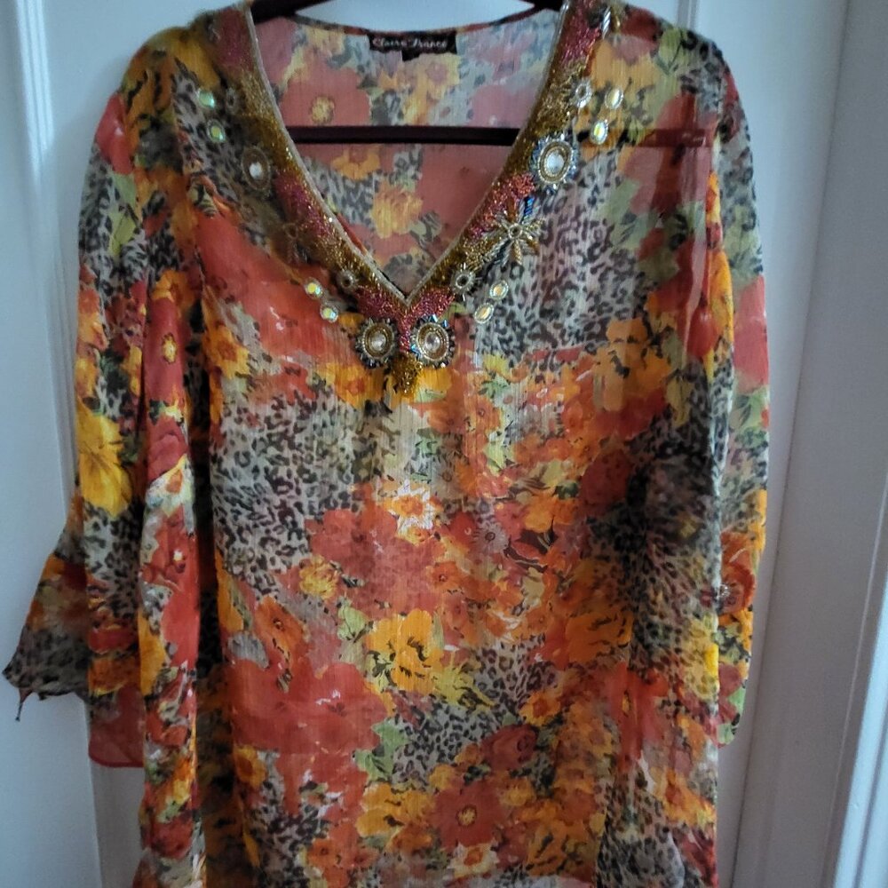 Claire France Plus Size Floral Print Beaded Boho Tunic Blouse 18